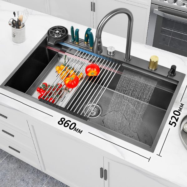 Kitchen Sink Multifunctional Waterfall Integrated Sink with Drain Board for Undermount Kitchen