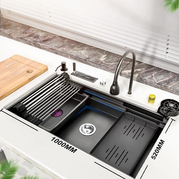 304 Stainless Steel Sink with Waterfall Faucet and Knife Rest and Cup Washer for Farmhouse Kitchen