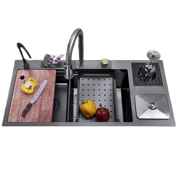 Kitchen Sink Black Stainless-Steel Multifunction Single Bowl Sink with Trash Can for Household Kitchen
