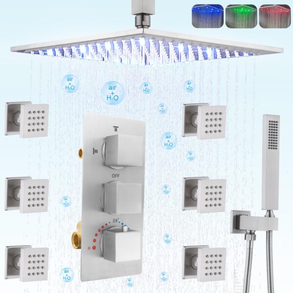 Brushed Nickel Rain Shower System with Body Jets Thermostatic Full Body Spray Shower Faucet Set