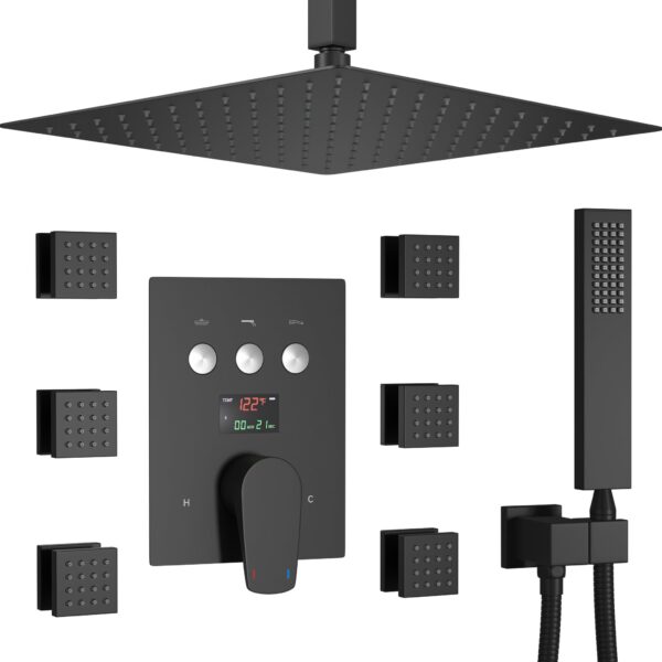 Digital Display Smart Shower Sets Matte Black Shower Combo System With Massage Body Jet And High Pressure Hand Shower