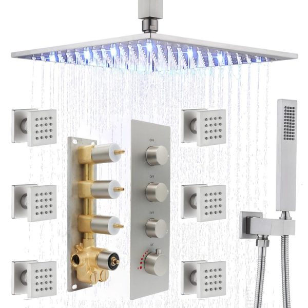 Sistema de chuveiro de LED de 12 polegadas com efeito chuva, acabamento em níquel escovado, com jato corporal e torneira de latão termostática.