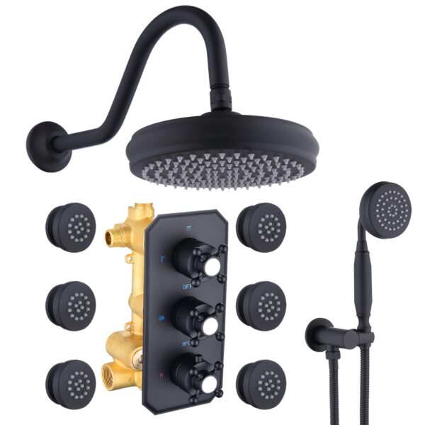 12 Inch Modern Bathroom Shower Head Set Round Black Shower System with Thermostat Rain Toilet Shower Mixer Set High Pressure