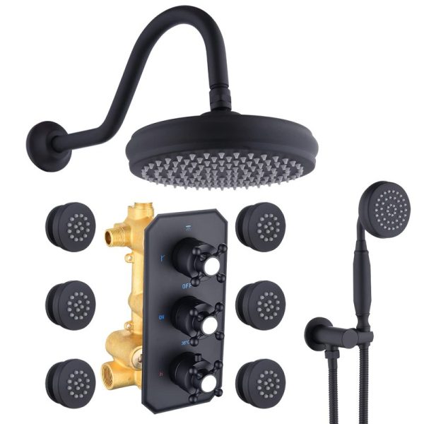 Conjunto de chuveiro moderno de 12 polegadas para banheiro, sistema de chuveiro redondo preto com termostato, chuveiro tipo chuva e misturador para vaso sanitário de alta pressão.