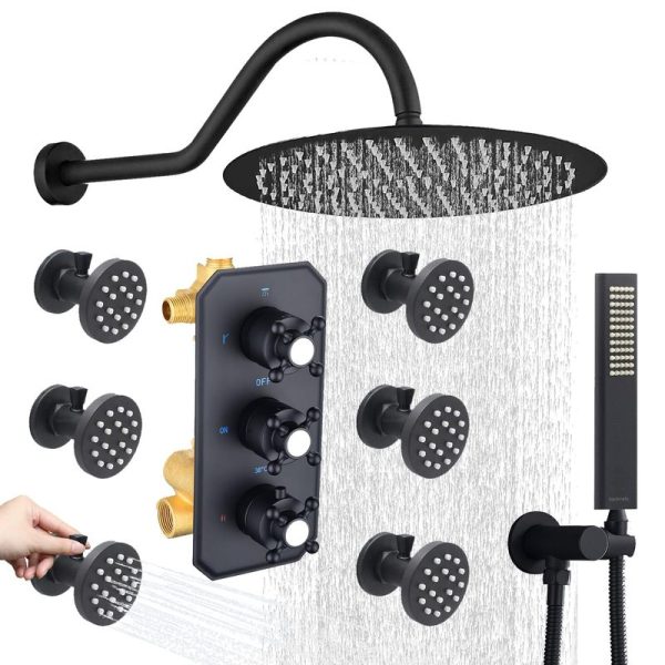Sistema de chuveiro termostático de 12 polegadas em preto fosco com ducha manual e jatos de corpo.