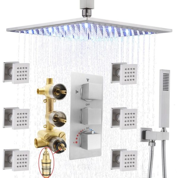 Conjunto completo de torneira para banheira e chuveiro de 16 polegadas, todo em cobre, com chuveiro de parede com LED e ducha manual.
