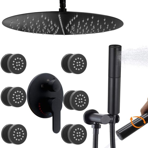 16 Inch Matte Black Round Rain Shower Head Bathroom Shower System