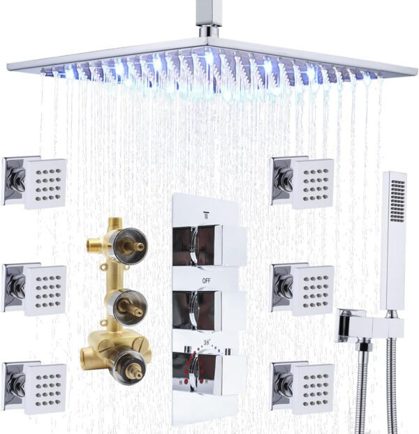16 Inch Thermostatic Shower System with Body Jets and Handheld Brass Shower Combo Kit for Modern Bathroom