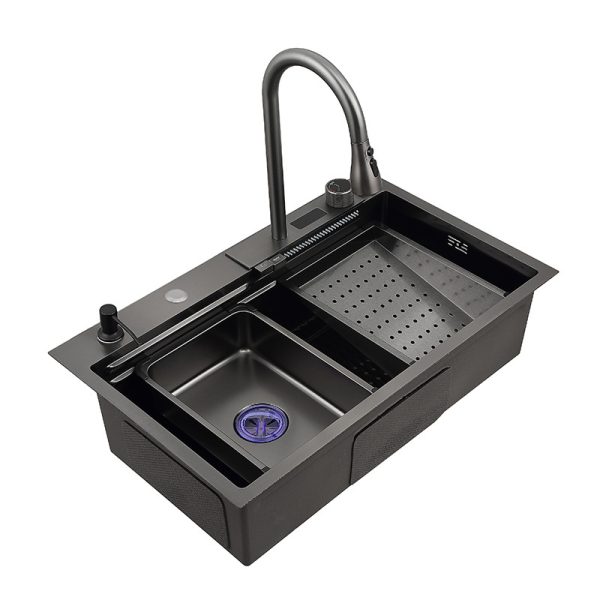 Küchenspüle aus 18-Gauge-Edelstahl 304 mit einem Becken, digitaler Wasserfallarmatur, Smart-Touch-LED-Anzeige und Unterbau-Design