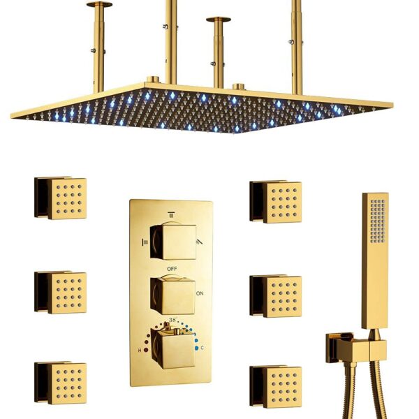 20 Inch Polished Gold Thermostatic Luxury LED Ceiling Full Body Rain Shower System