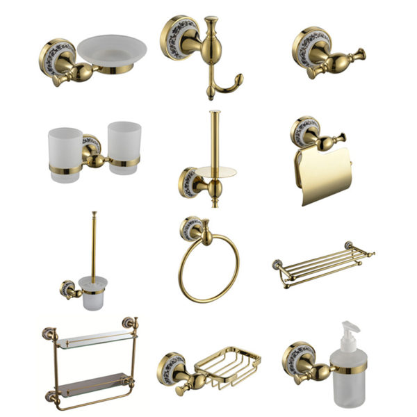 Wholesale hotel and home luxury jade color resin pattern high quality brass bathroom accessories Set 1 3200