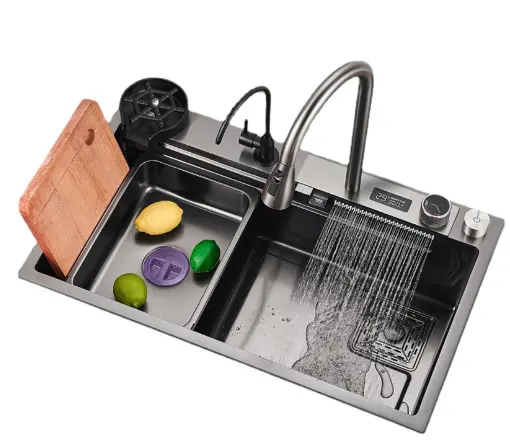 Modernes, handgefertigtes Edelstahl-Küchenspülbecken „Modern Wash Vegetable“ (2023) aus Edelstahl 201/304 mit Wasserfall-Design.