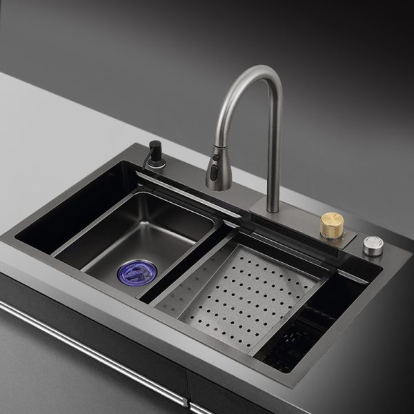 304 SS Modern Single Bowl Nano Black Kitchen Sink with Double Rainfalls