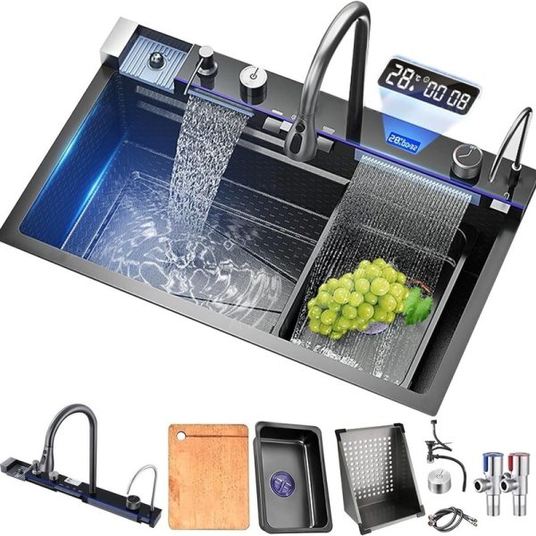 2024 New Design Large Single Bowl Kitchen Sink 304 Stainless Steel Waterfall Faucet LED Display