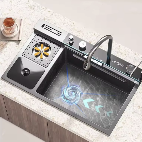 New Sink Waterfall Big Single Bowl Stainless Steel 304 LED Display Smart Sink with Garbage Can