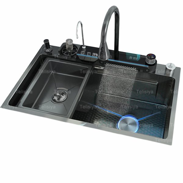 Luxury Kitchen Black Digital Display Large Bowl Sink with Cup Washer and Waterfall Faucet for Hotel Kitchen