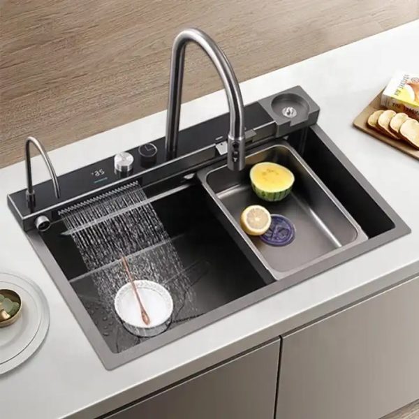 Küchenspüle mit Wasserfall-Design aus 16-Gauge-Edelstahl (neues Design, Nano-Oberfläche, 2025)