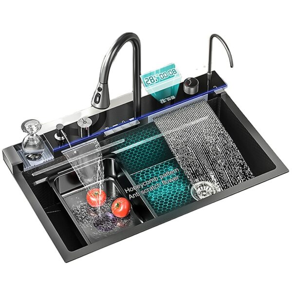 2025 Popular Large Single Bowl 304 Stainless Steel Waterfall Sink Multifunctional with Scratch Resistant LED Digital Display