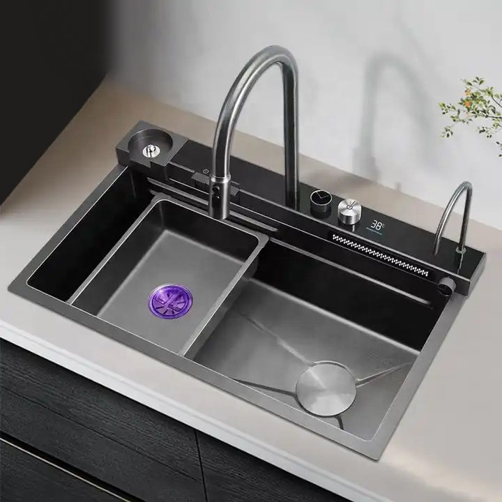 2025 Trendy Design Nano Surface Kitchen Sink with Rainfall Waterfall 2025 Trendy Design Nano Surface Kitchen Sink Sinki Dapur Permukaan Nano Rekaan Bergaya 2025 dengan Air Terjun Hujan