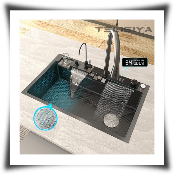 Smart Kitchen Sink 80cm Black Stainless Steel Large Single Bowl Kitchen Sink with Cup Wash for Home Kitchen