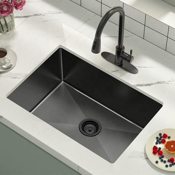 27 Zoll (68,6 cm) Fregadero Einbauspüle, 18G, Einzelbecken, handgefertigt, schwarzer Edelstahl