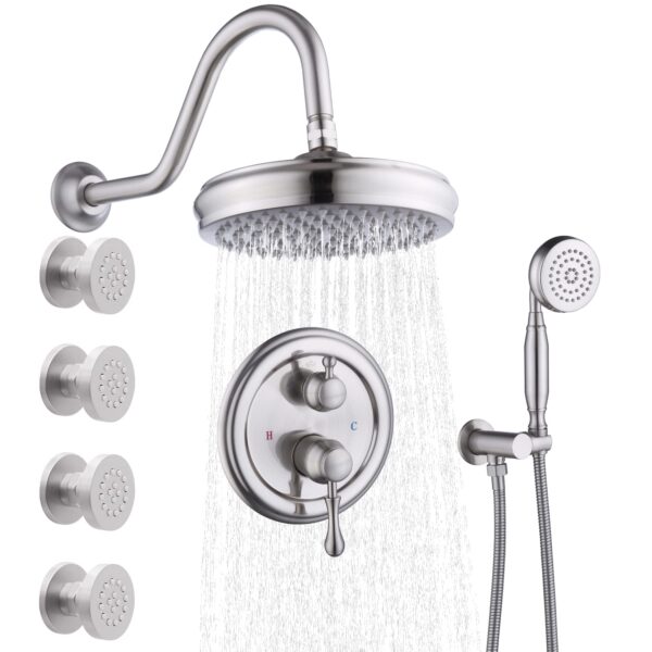 3 Ways Brushed Nickel Shower System with Jets 8 Inch Rainfall Head