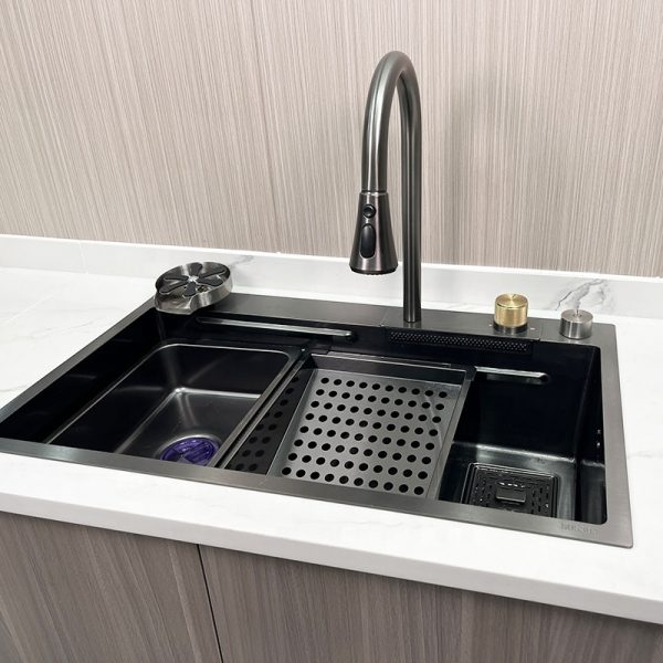 30 Inch Single Bowl Tiktok Trends Metal Grey Stainless Steel Kitchen Sink with Rainfall Faucet & Pull Lefton Kitchen Sink Set