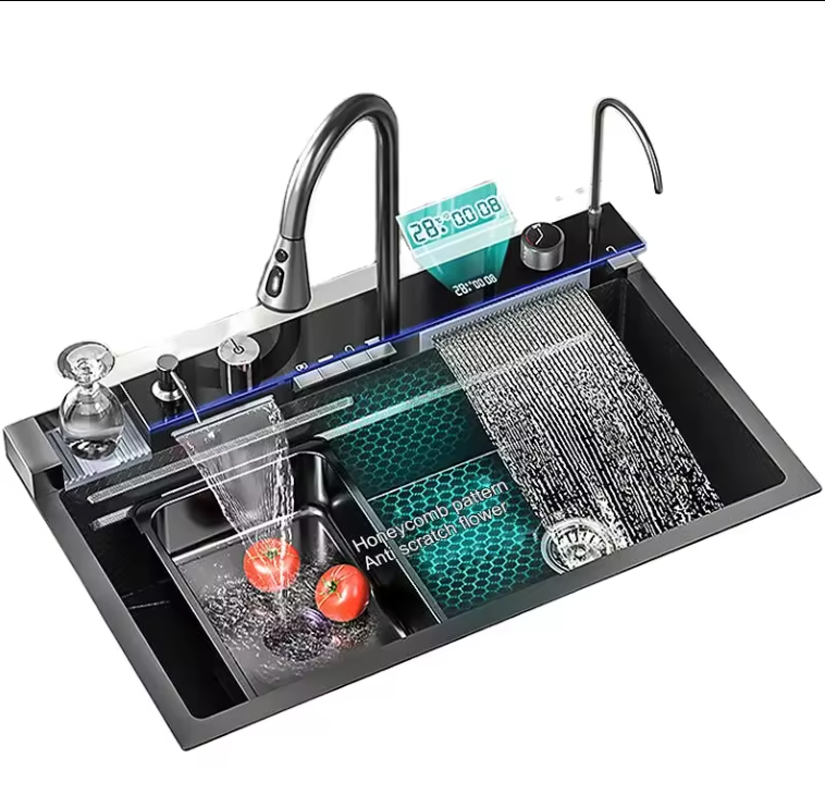 Modern Waterfall Smart Kitchen Sinks Stainless Steel Modern Pull Out Kitchen Sink 304 SS Multifunction Black Undermount Modern Modern Waterfall Smart Kitchen Sinks Stainless Steel Modern Pull Out Kitchen Sink