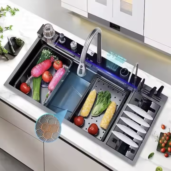 Kitchen Sink Nano Black 304 SUS Handmade Kitchen Sink with Waterfall Pull Out Kitchen Faucet
