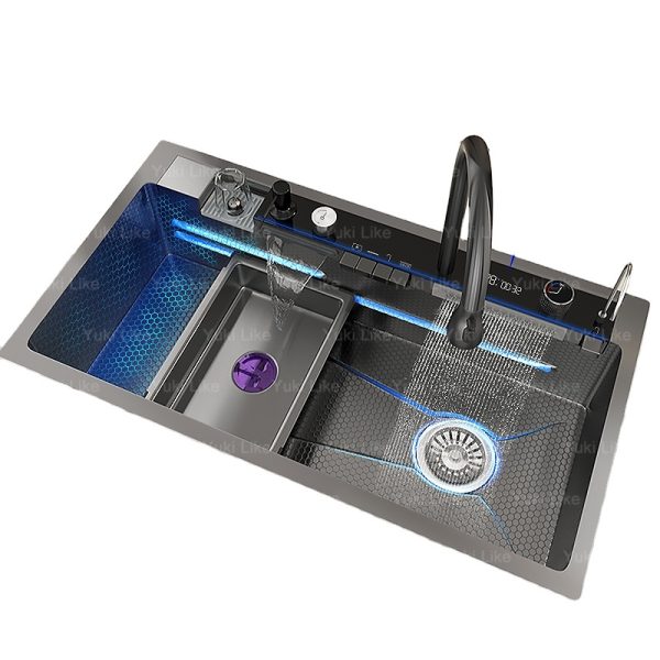 Black LED Digital Display Kitchen Sink 304 Stainless Steel Waterfall Sink with Faucet Set for Hotel Kitchen