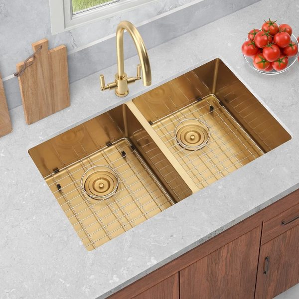 Above Counter Nano Gold Double Bowl Double Bowl Handmade Kitchen 304 Stainless Steel Sink