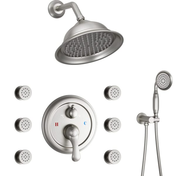 Antique 8-Inch Brushed Nickel Shower Faucet Set with 6 PCS Body Spray Jets Bathroom Faucet Accessories