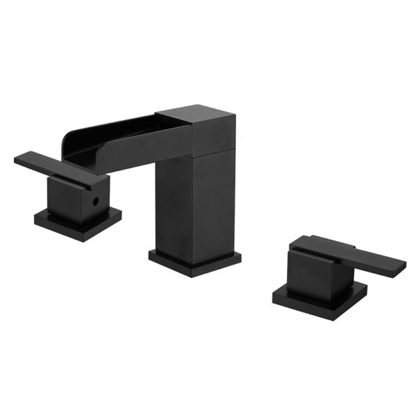 3-Hole Deck Mounted Waterfall Basin Faucet Black Finish Brass with Widespread Sink Double Handle Wash Tap