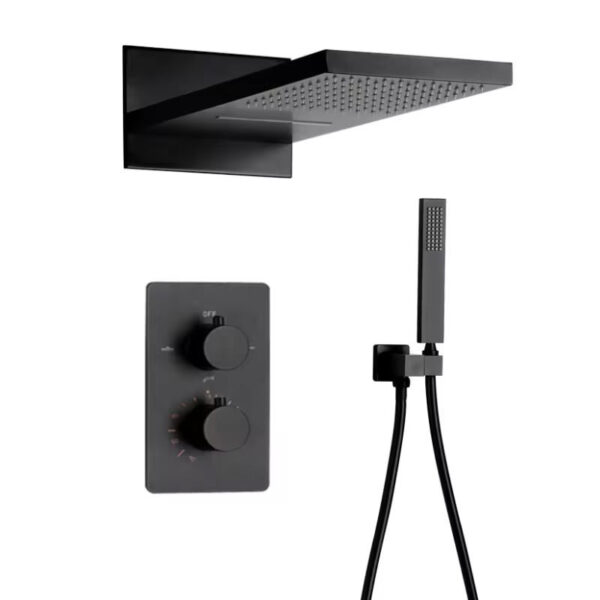 Bathroom Black Concealed Rain Shower System Set With Top Spray Waterfall Shower Head Brass Three Hole Shower Set