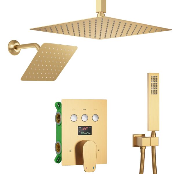Bathroom Brushed Gold Temperature Digital Display Shower Faucet Shower Set