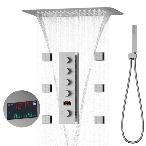 Bathroom Brushed Nickel Ceiling Shower System Large Dual Function Rainfall Waterfall Shower