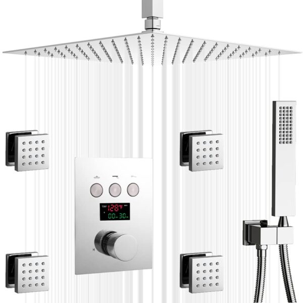 Bathroom Digital Display Rain Shower System Chrome Ceiling Shower Faucet Combo Set