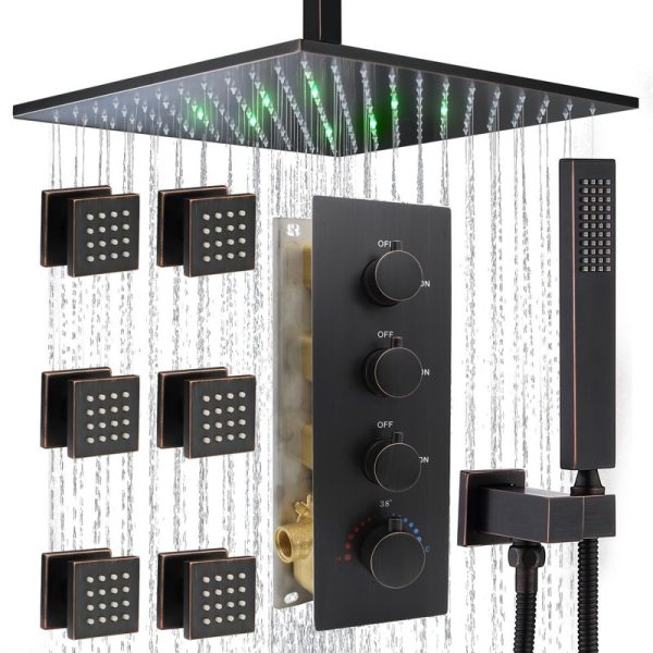 Conjunto completo de torneira de chuveiro para banheiro com LED, acabamento em bronze envelhecido e latão.