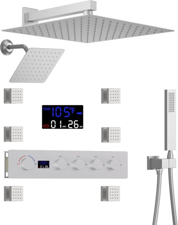 Bathroom Thermostatic Shower System Brushed Nickel & Gold Digital Display Rain Spray Pattern for Hotels