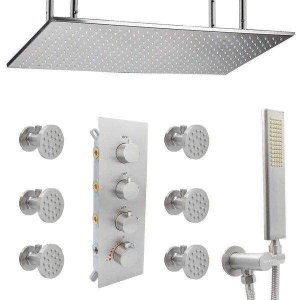 Bathroom Thermostatic Shower System with Body Jets Brass Brushed Nickel Shower Faucets Sets