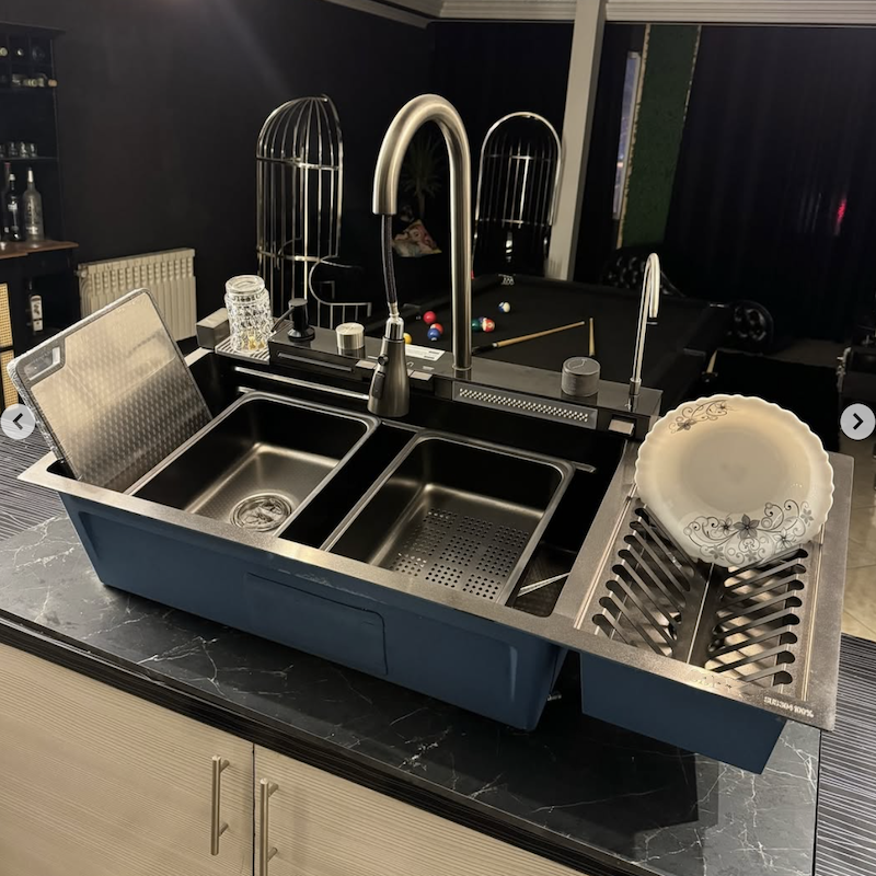 Big 40 Inch One Piece Waterfall Faucet Stainless Steel Single Bowl Bionic Honeycomb Black Kitchen Sink with Dish Draining Rack Big 40 Inch One Piece Waterfall Big 40 Inch One Piece Waterfall Faucet Stainless Steel Single Bowl Bionic Honeycomb Black Kitchen Sink with Dish Draining Rack