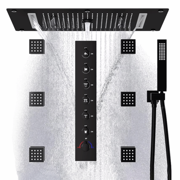 Black 8 Inch Rain Shower Faucet Set with 6 Body Spray Jets Bathroom
