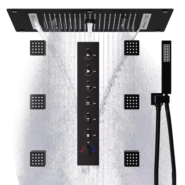 Black 8 Inch Rain Shower Faucet Set with 6 Body Spray Jets Bathroom