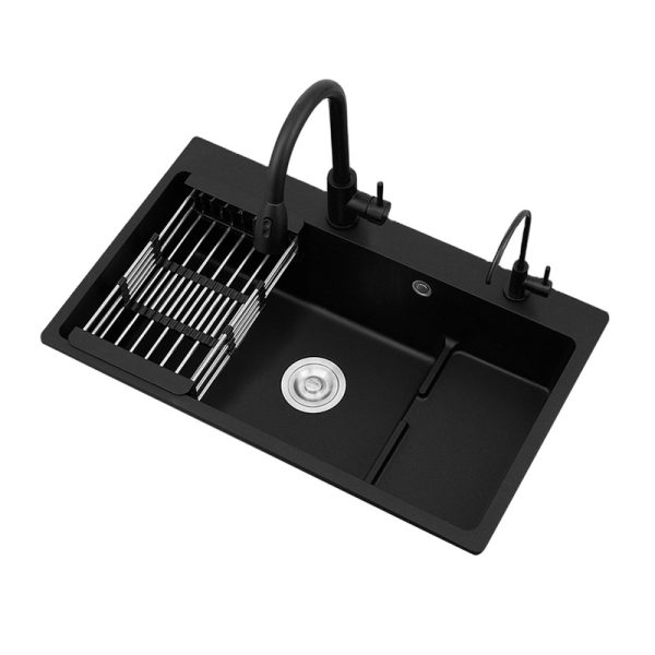 Black Single Bowl Undermount Sink Luxury Kitchen Cabinet Wash Sink Quartz Stone Kitchen Sink with Drainer