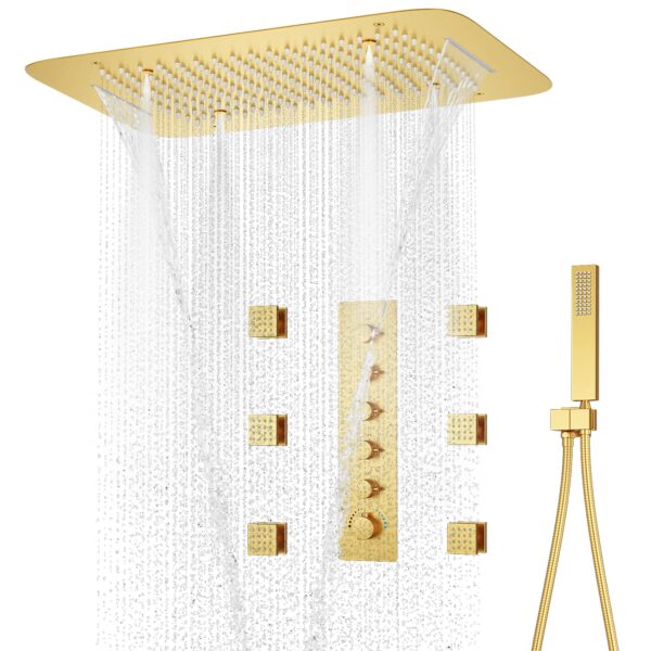 Brass 5 Function Shower Faucet Mixer System Set With Thermostatic Shower Valve Bathroom Waterfall Rainfall Shower Set Gold