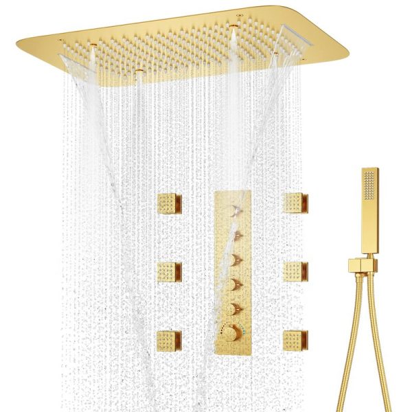 Brass 5 Function Shower Faucet Mixer System Set With Thermostatic Shower Valve Bathroom Waterfall Rainfall Shower Set Gold