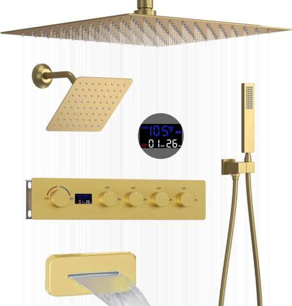 Brass Thermostatic Shower System in Brushed Gold with Digital Display Includes Rainfall Shower Head Set for Bathroom Use
