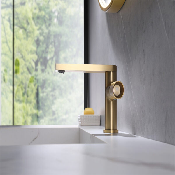 Brush Golden Finished Deck Mounted Hot and Cold Modern Design Brass Basin Taps