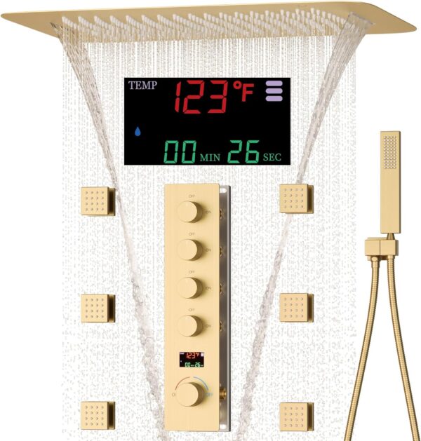 Brushed Gold Digital Diverter Shower Faucet Set System Hand Shower with Accessory for Bathroom Faucet