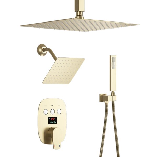 Brushed Gold Full Body Shower System Luxury Rainfall Shower Faucet Set With Temperature Display Rainfall Shower Complete Set